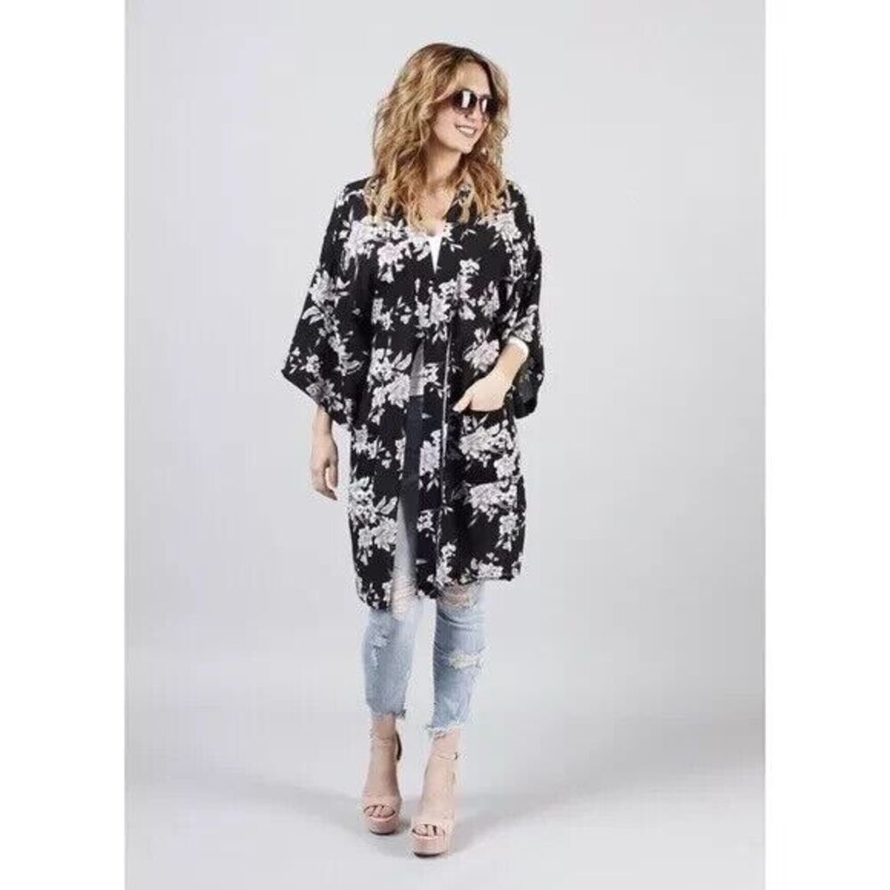 Spiritual Gangster Kimono Duster Women OS Black Floral Boho Beach Festival Chic